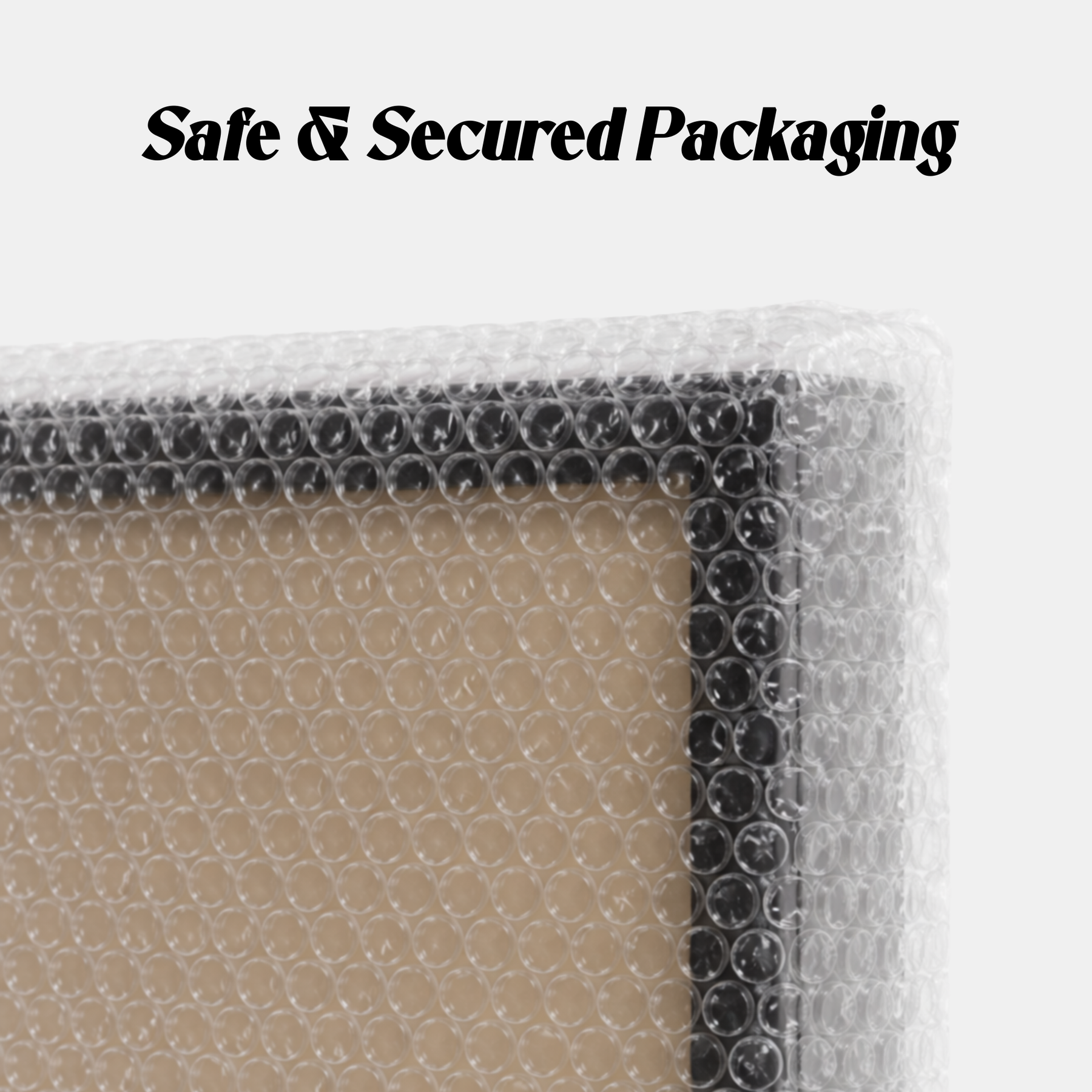 Bubble wrap corner with text 'Safe & Secured Packaging' on a white background