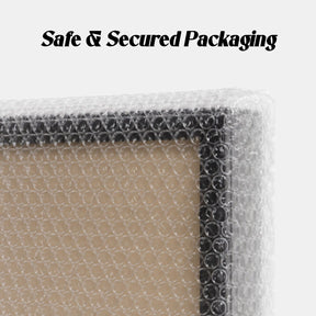 Close-up of bubble wrap with text 'Safe & Secured Packaging' on a white background