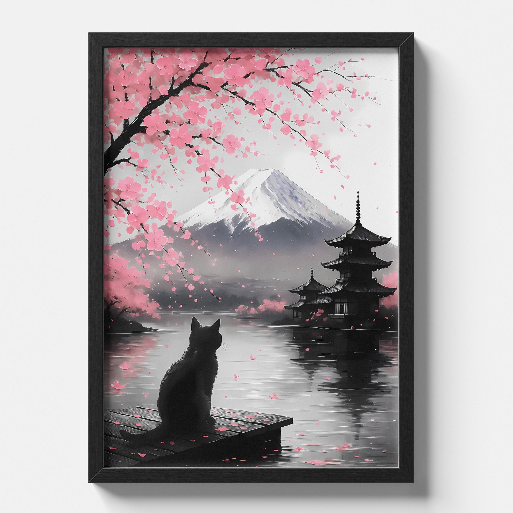 Japanese Zen Cat & Mount Fuji Artwork
