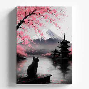 Japanese Zen Cat & Mount Fuji Artwork