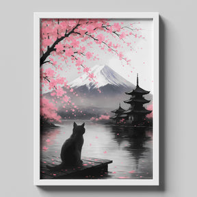 Japanese Zen Cat & Mount Fuji Artwork