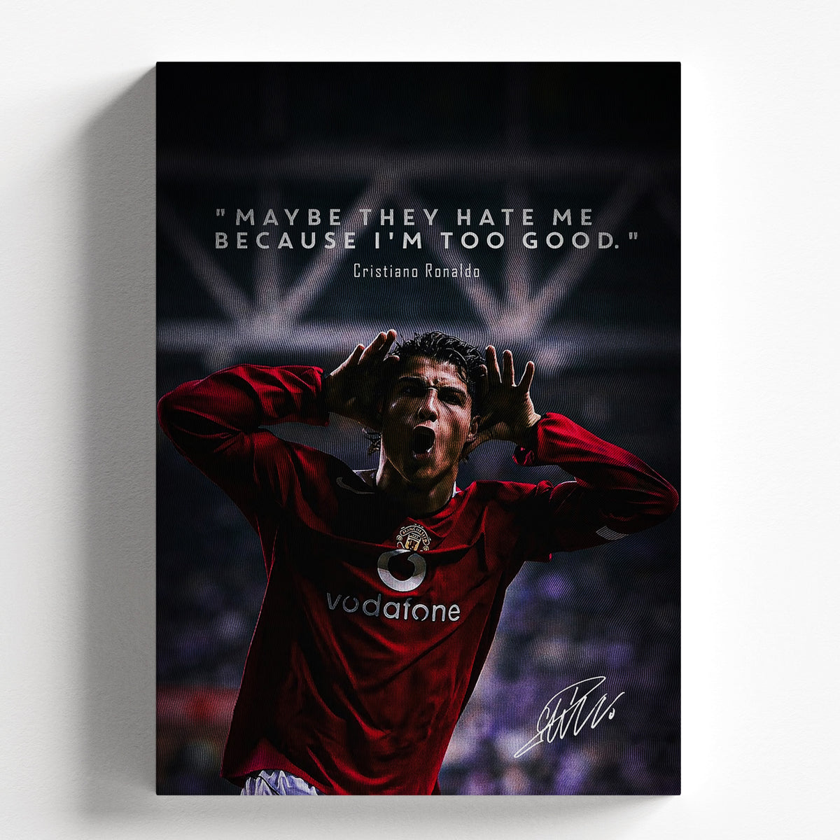 ronaldo in red jersey of manchester united with famous quote on dark background
