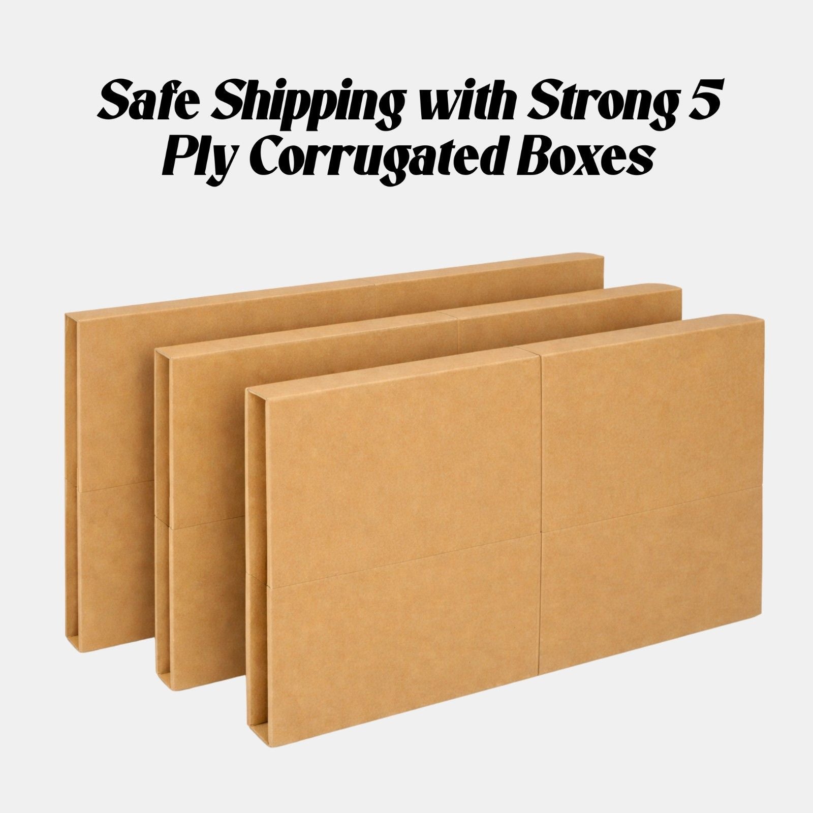 Three strong 5-ply corrugated boxes on a white background with text.