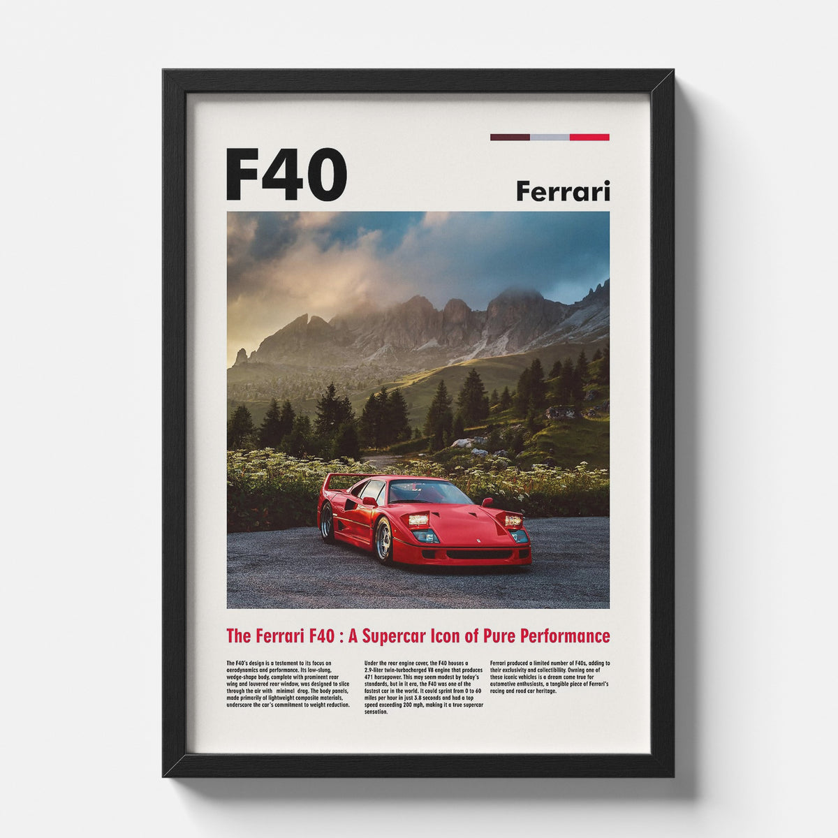Ferrari F40 Supercar Poster | Classic Ferrari Automotive Wall Art Print