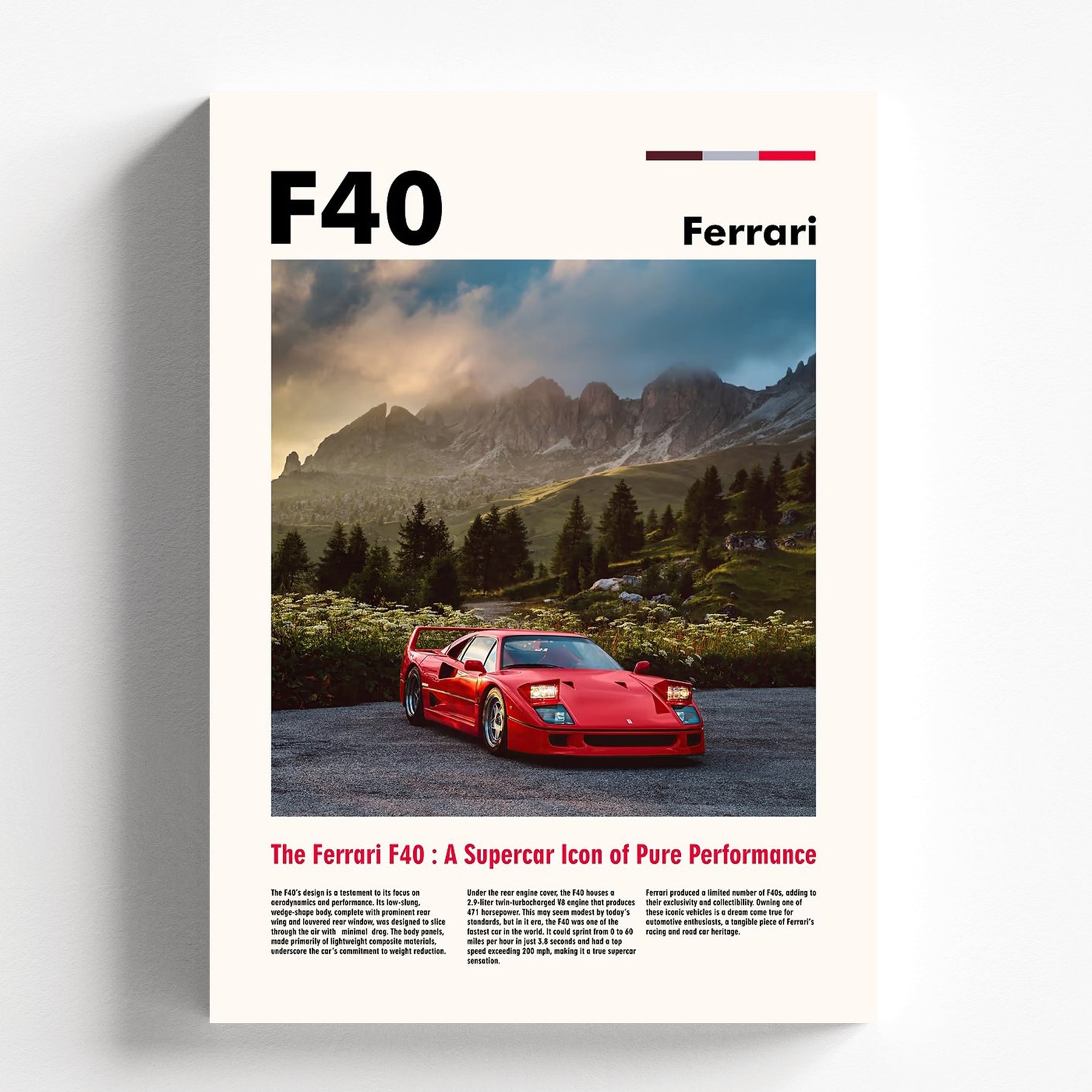 Ferrari F40 Supercar Poster | Classic Ferrari Automotive Wall Art Print