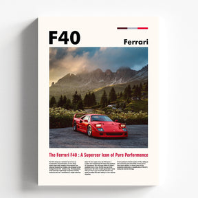 Ferrari F40 Supercar Poster | Classic Ferrari Automotive Wall Art Print