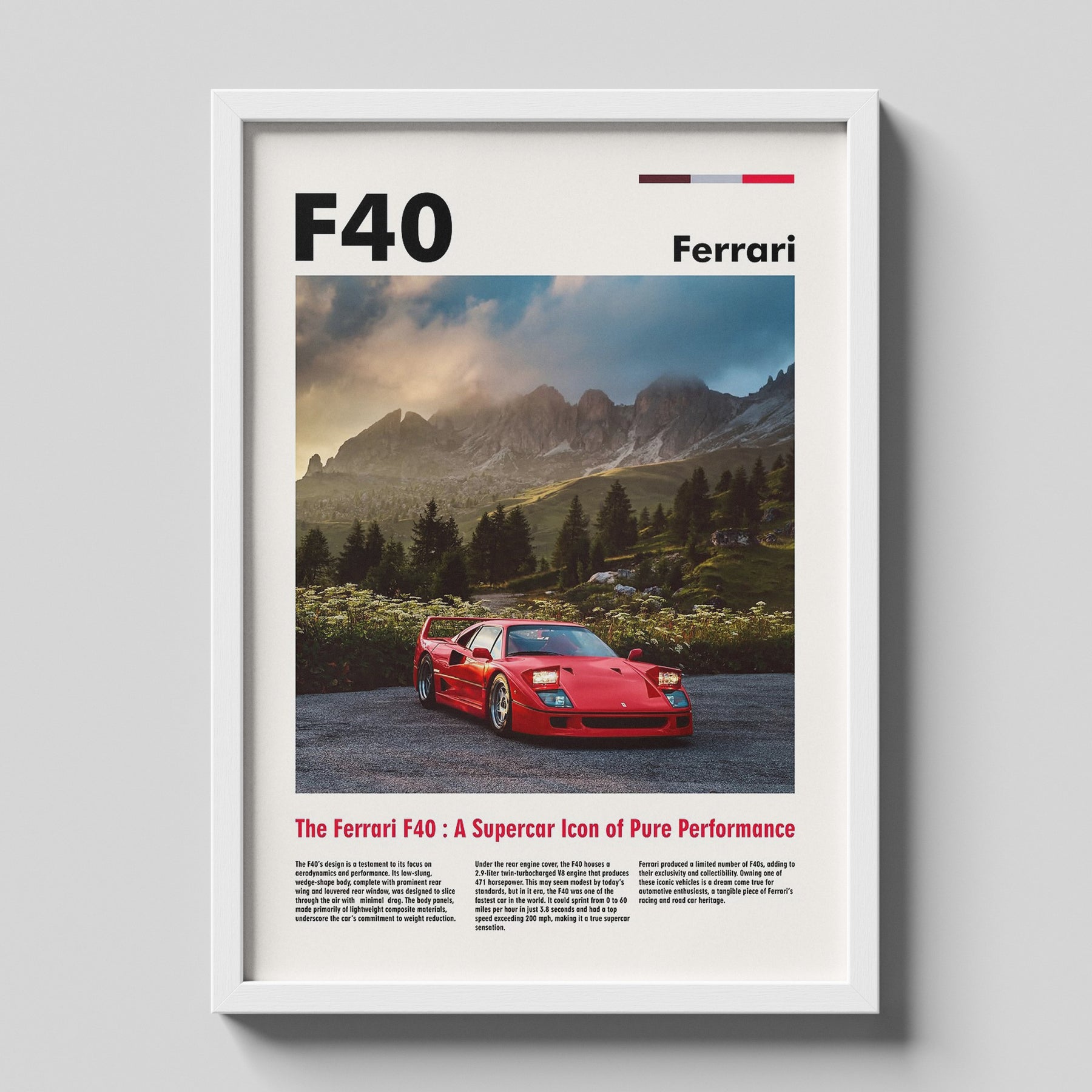 Ferrari F40 Supercar Poster | Classic Ferrari Automotive Wall Art Print