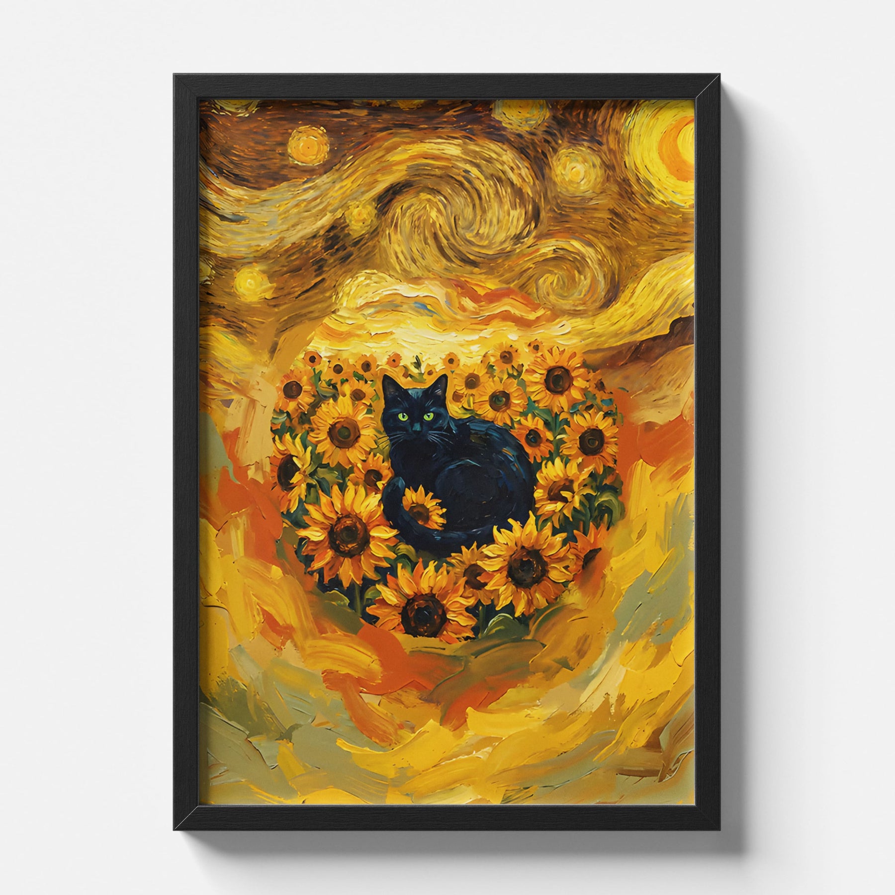 Midnight Sunflowers Beneath a Swirling Sky