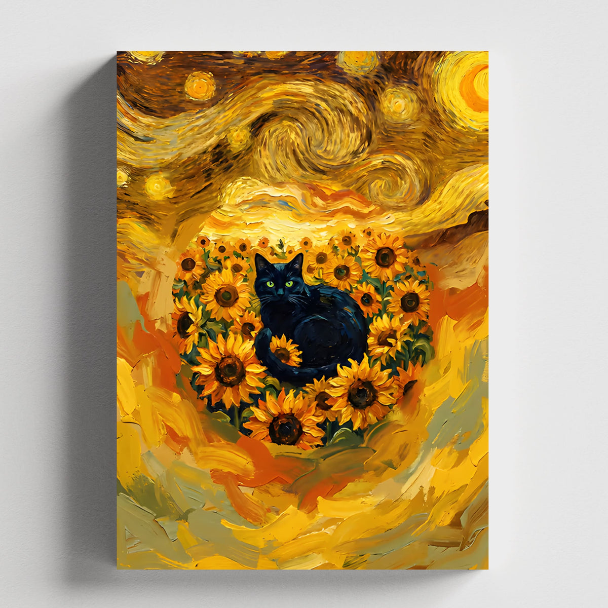 Midnight Sunflowers Beneath a Swirling Sky